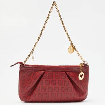 Pre Owned Fendi Red Zucchino Coated Canvas and Leather Charm Chain Pochette 