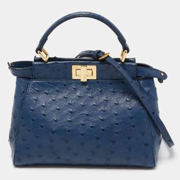Pre Owned Fendi Navy Blue Ostrich Leather Mini Peekaboo Top Handle Bag