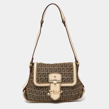 Pre Owned Fendi Beige Zucchino Fabric and Leather Logo Flap Bag