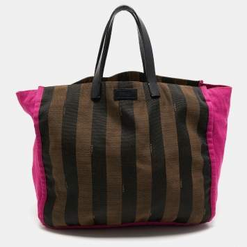 Pre Owned Fendi Tobacco/Pink Penguin Stripe Canvas Shopper Tote 