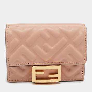 Pre Owned Fendi Pink FF Diagonal Embossed Leather Micro Baguette Trifold Wallet