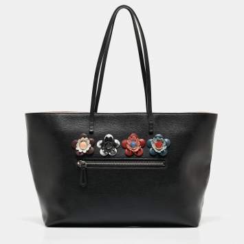Pre Owned Fendi Black/Pink Leather Medium Flowerland Roll Tote