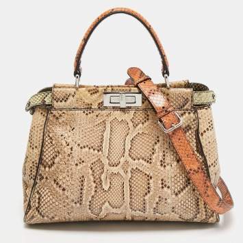 Pre Owned Fendi Beige/Black Python Medium Peekaboo Top Handle Bag