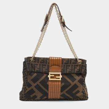 Pre Owned Fendi Tobacco Zucca Canvas and Leather Maxi Baguette Flap Shoulder Bag