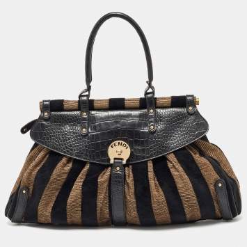 Pre Owned Fendi Black/Beige Pequin Striped Velvet and Croc Embossed Leather Magic Top Handle Bag