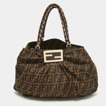 Pre Owned Fendi Tobacco Zucca Canvas And Patent Leather Large Mia Shoulder Bag