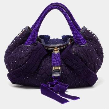 Pre Owned Fendi Purple Mesh,Velvet and Alligator Pearl Embellished Spy Hobo