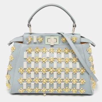 مملوكة مسبقًا Fendi Sky Blue Leather Mini Crystal Embellished Peekaboo Top Handle Bag