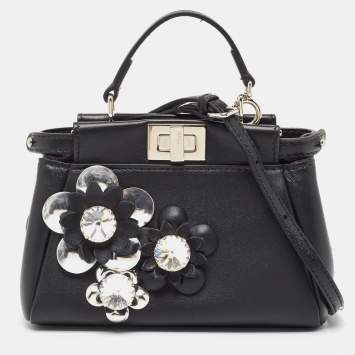 Pre Owned Fendi Black Leather Micro Crystal Embellished Peekaboo Crossbody Bag