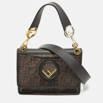 Pre Owned Fendi Black/Brown FF Mesh and Leather Kan I Shoulder Bag