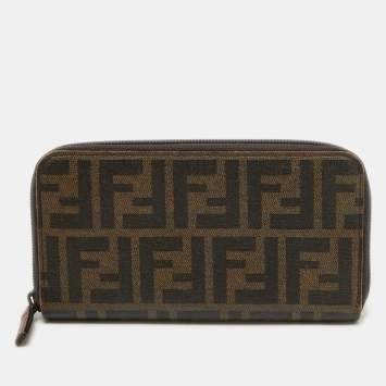 Pre Owned Fendi Tobacco Zucca Coated Canvas Zip Around Wallet