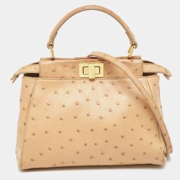 Pre Owned Fendi Beige Ostrich Leather Mini Peekaboo Top Handle Bag