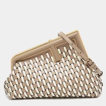 Pre Owned Fendi Beige/White Woven Leather Small First Shoulder Bag
