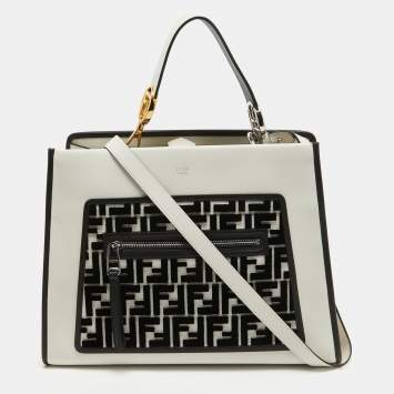 Pre Owned Fendi White/Black Leather and Velvet FF Runaway Top Handle Bag