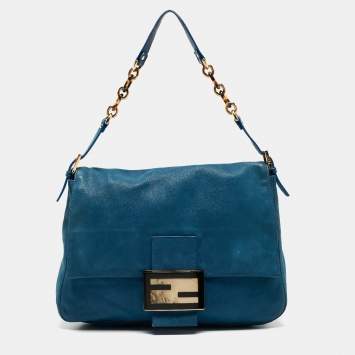 Pre Owned Fendi Blue Iridescent Leather Large Mama Forever Flap Shoulder Bag