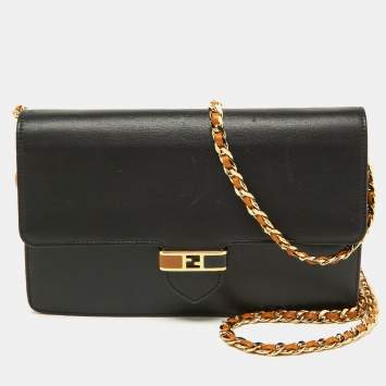 Pre Owned Fendi Black/Tan Leather FF Flap Wallet On Chain
