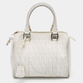 Pre Owned Fendi White/Grey  Zucchino Coated Canvas Small Forever Bauletto Boston Bag