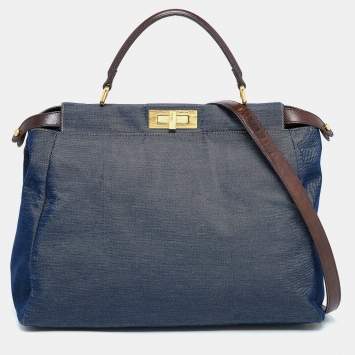 Pre Owned Fendi Blue/Brown Denim and Leather Large Peekaboo Top Handle Bag