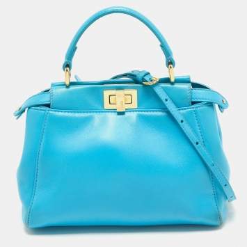 Pre Owned Fendi Light Blue Leather Mini Peekaboo Top Handle Bag