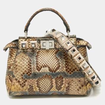Pre Owned Fendi Beige/Multicolor Python Mini Applique Peekaboo Top Handle Bag