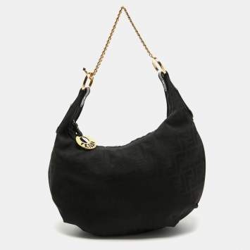 Pre Owned Fendi Black Zucca Canvas and Leather Chef Chain Link Hobo