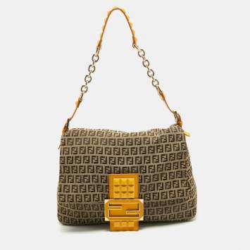 Pre Owned Fendi Yellow/Beige Zucchino Canvas Large Studded Mama Forever Shoulder Bag