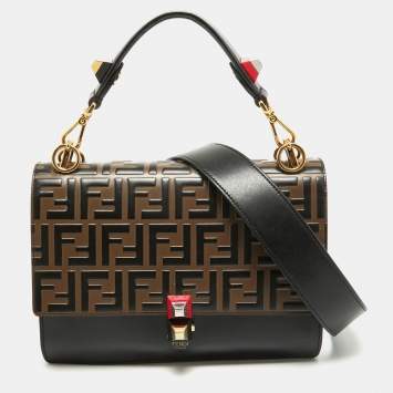 Pre Owned Fendi Black/Brown FF Leather Medium Kan I Shoulder Bag