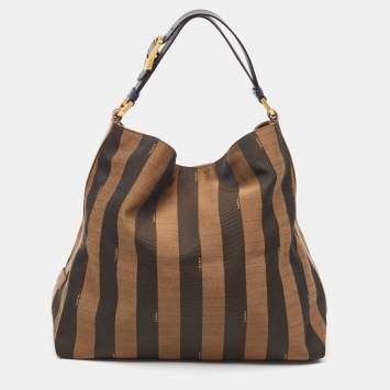 Pre Owned Fendi Tobacco Pequin Stripe Canvas and Leather Hobo