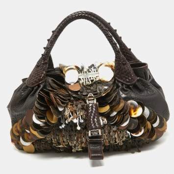 Pre Owned Fendi Choco Brown Leather and Zucca Canvas Embellished Spy Bag