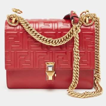 Pre Owned Fendi Red Zucca Embossed Leather Small Kan I Flap Shoulder Bag