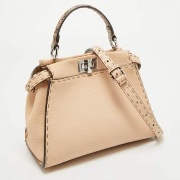 Pre Owned Fendi Peach Selleria Leather and Python Mini Peekaboo Top Handle Bag