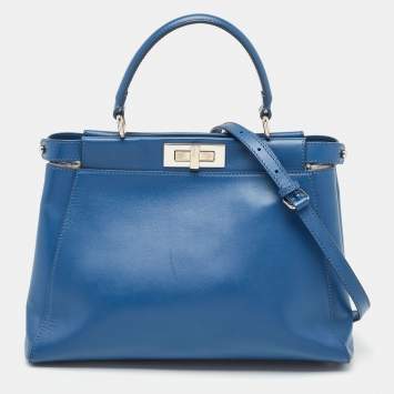 Pre Owned Fendi Blue Leather Medium Peekaboo Top Handle Bag
