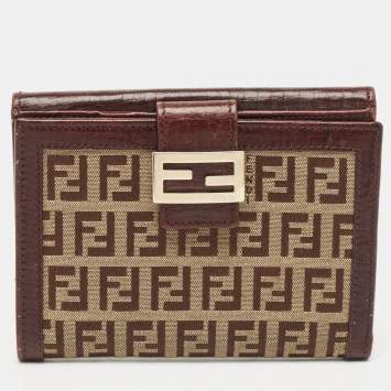 Pre Owned Fendi Brown/Beige Zucchino Fabric and Leather FF French Wallet