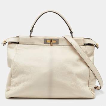 Pre Owned Fendi Beige Leather Large Peekaboo Top Handle Bag