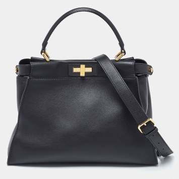 Pre Owned Fendi Black Leather Regular Peekaboo Top Handle Bag