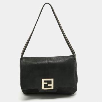 Pre Owned Fendi Black Nubuck Shimmer Leather FF Flap Bag