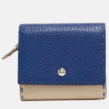 Pre Owned Fendi Blue/White Selleria Leather Flap Compact Wallet
