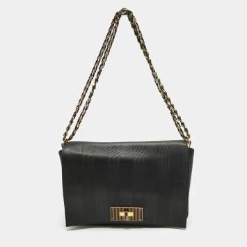 Pre Owned Fendi Black Stripe Embossed Leather Large Claudia Shoulder Bag