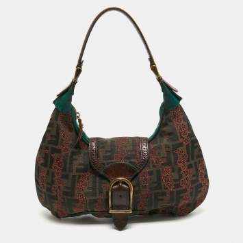 Pre Owned Fendi Brown/Green Zucca Canvas Embroidered Shoulder Bag