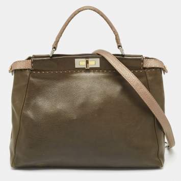 Pre Owned Fendi Olive Green/Beige Selleria Leather Large Peekaboo Top Handle Bag