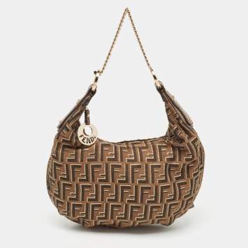 Pre Owned Fendi Tobacco/Gold Zucca Canvas and Textured Leather Chef Chain Link Hobo