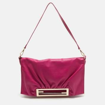 Pre Owned Fendi Fuchsia Leather Flap Shoulder Bag