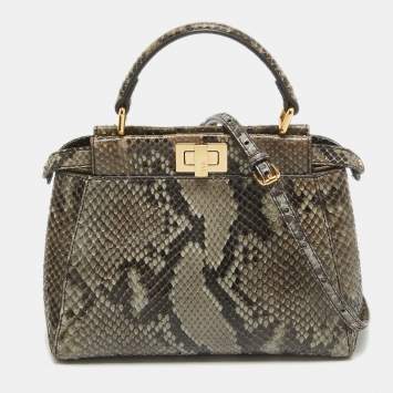 Pre Owned Fendi Black/Pale Green Python Mini Peekaboo Top Handle Bag