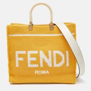 Pre Owned Fendi Yellow/White Crochet and Leather Medium Sunshine Tote