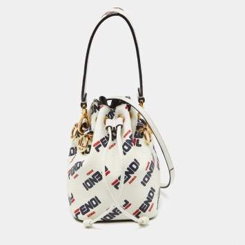 Pre Owned Fendi x Fila White Leather Mini Logo Mon Tresor Drawstring Bucket Bag