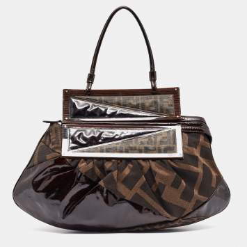 Pre Owned Fendi Tobacco Zucca Canvas and Patent Leather To You Convertible Clutch Bag