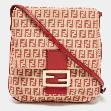 Pre Owned Fendi Red/Beige Zucchino Fabric and Leather Flap Messenger Bag