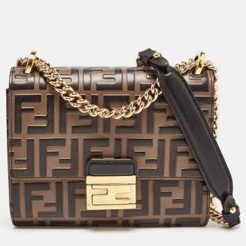 Pre Owned Fendi Black/Brown Zucca Embossed Leather Small Kan U Shoulder Bag