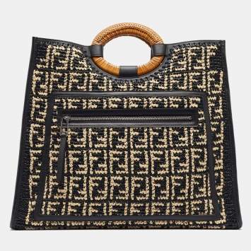Pre Owned Fendi Black/Natural FF Raffia and Leather Large Runaway Shopper Tote