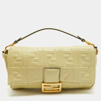 Pre Owned Fendi Yellow Zucca Embossed Leather Large Baguette Bag